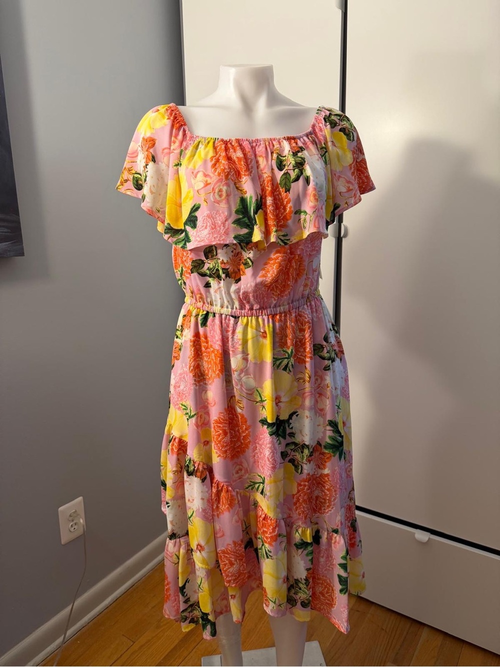 belle sky Pink Floral One-Shoulder Ruffle Midi Dress